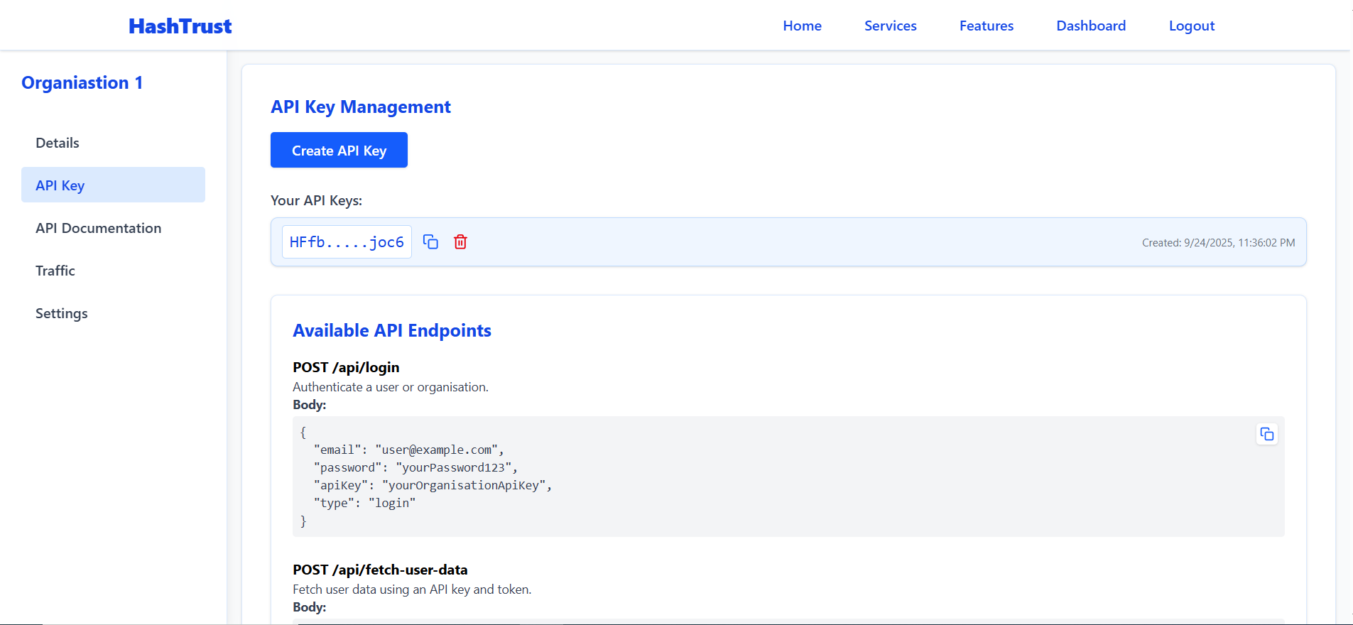 Org API key creation panel